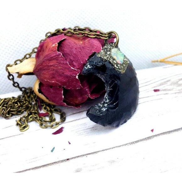 Obsidian and opal moon pyrite encrusted Necklace - Picture 7 of 10